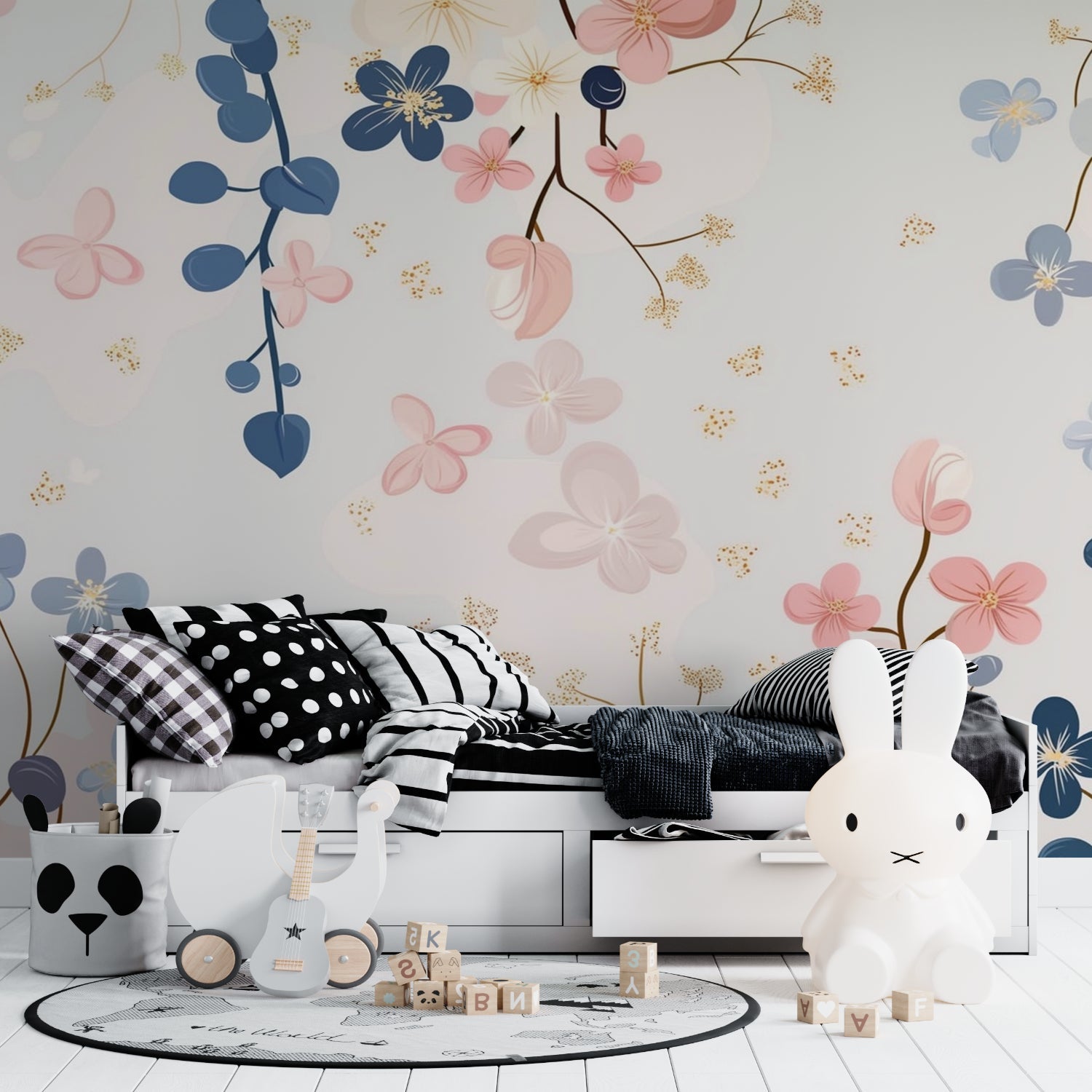 Elegant master bedroom featuring navy and pink flower wall mural with gold details above a white bed