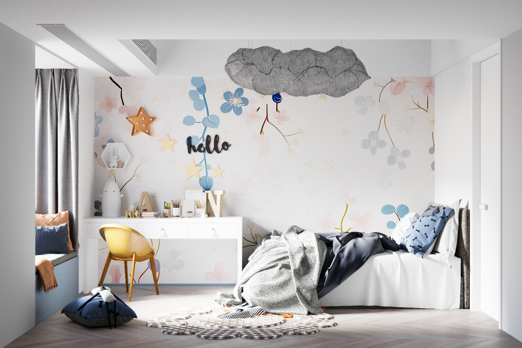 Home office space with blue and pink blossom wallpaper creating a fresh, inspiring atmosphere