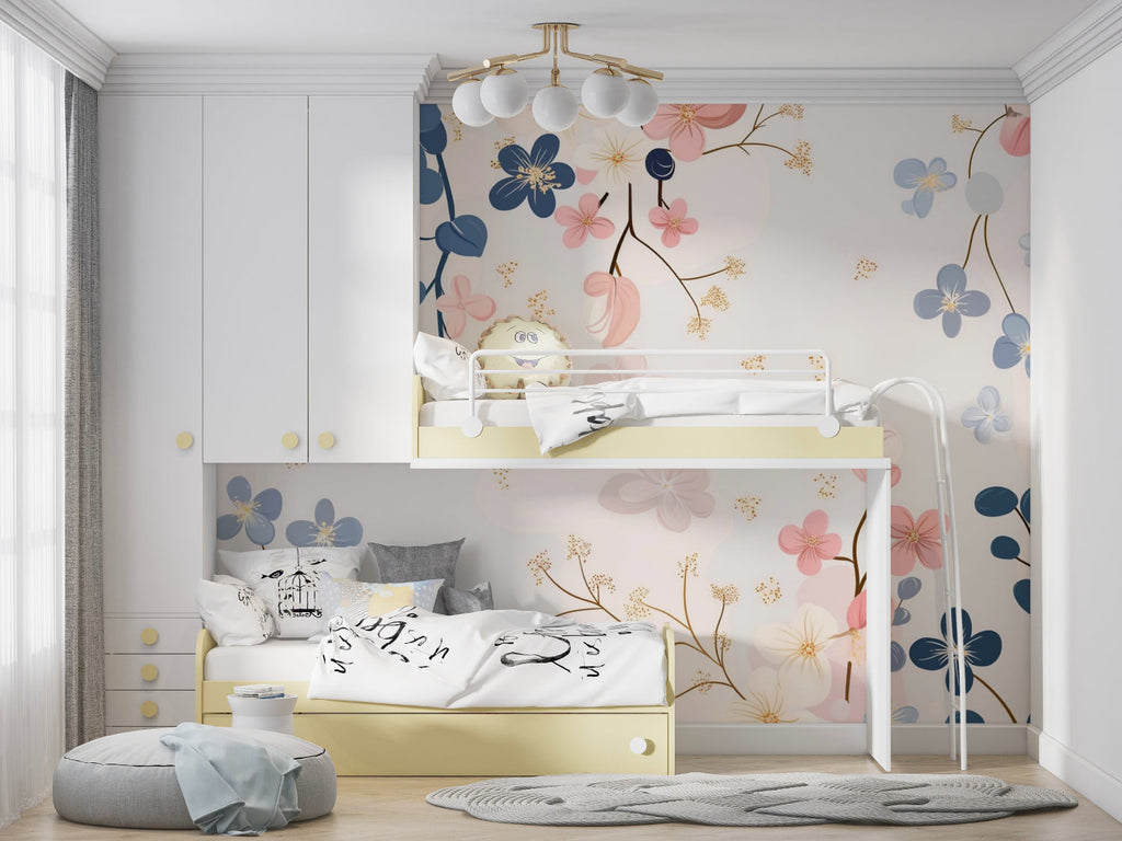 Dining room feature wall with blue and pink flower mural creating an elegant dining experience