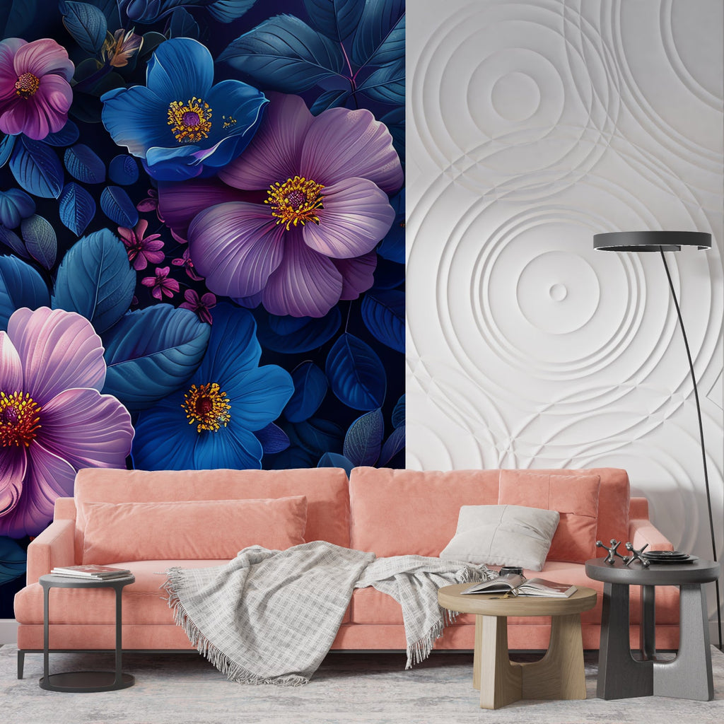 Master bedroom featuring dramatic blue and purple flower wall mural with gold accents