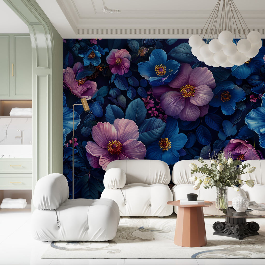 Purple floral wall mural bringing elegance to dining room setting