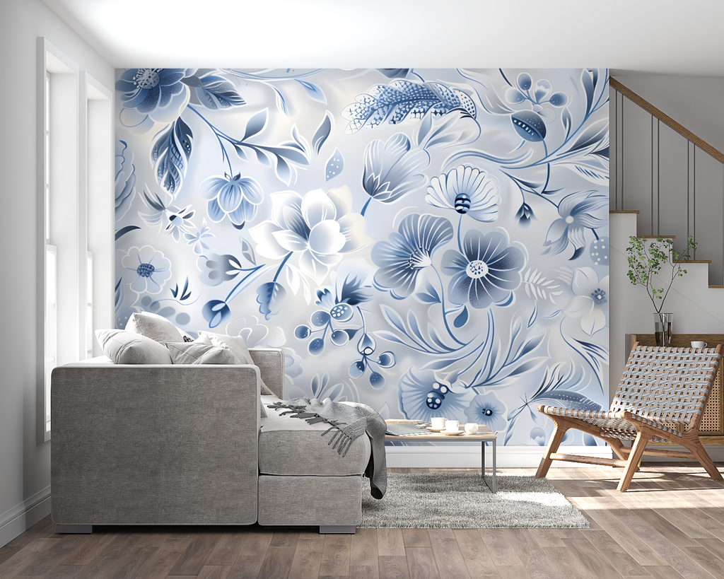 Blue and white floral mural enhancing dining room with elegant botanical design
