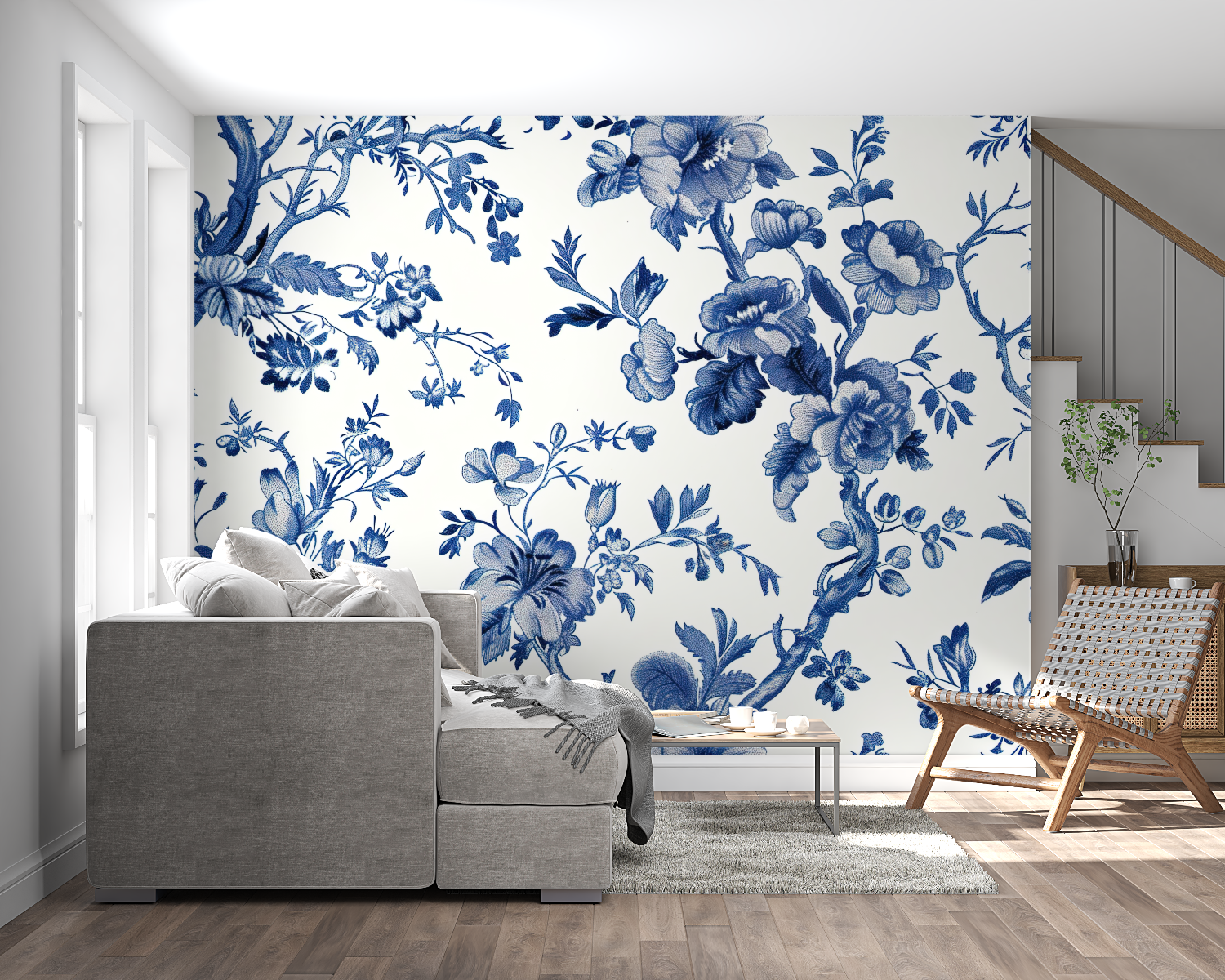 Blue and white chinoiserie wallpaper in bright living room with modern furniture