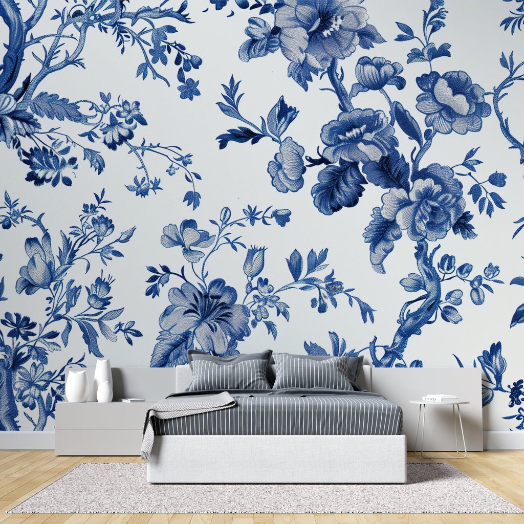 Elegant dining room featuring blue floral wallpaper with white trim details