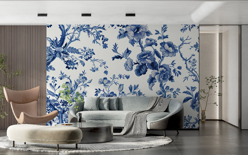 Powder room transformed with blue botanical wallpaper pattern