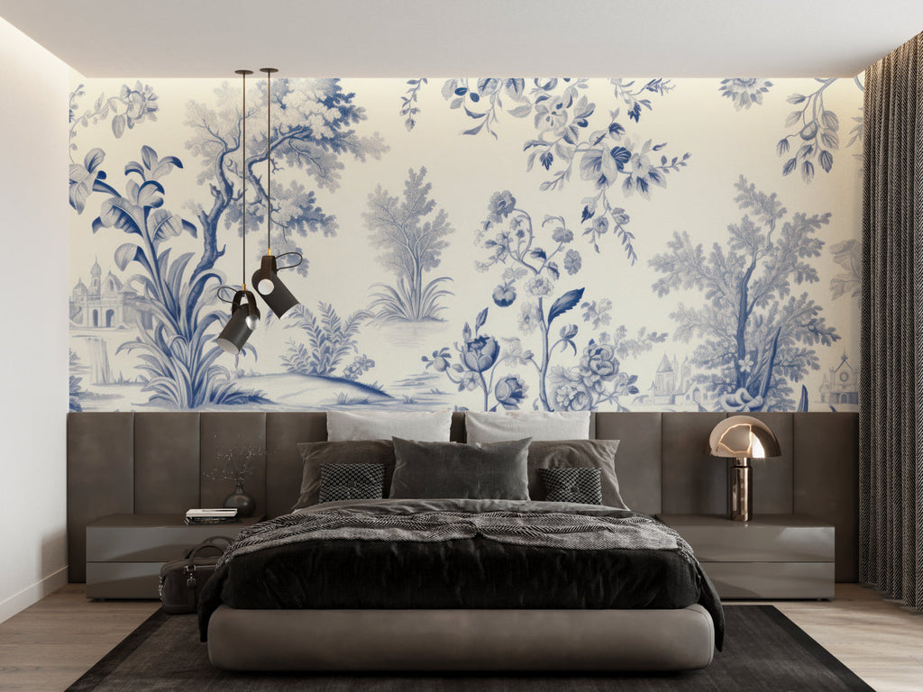 Study room featuring classic blue toile wallpaper with pastoral scenes
