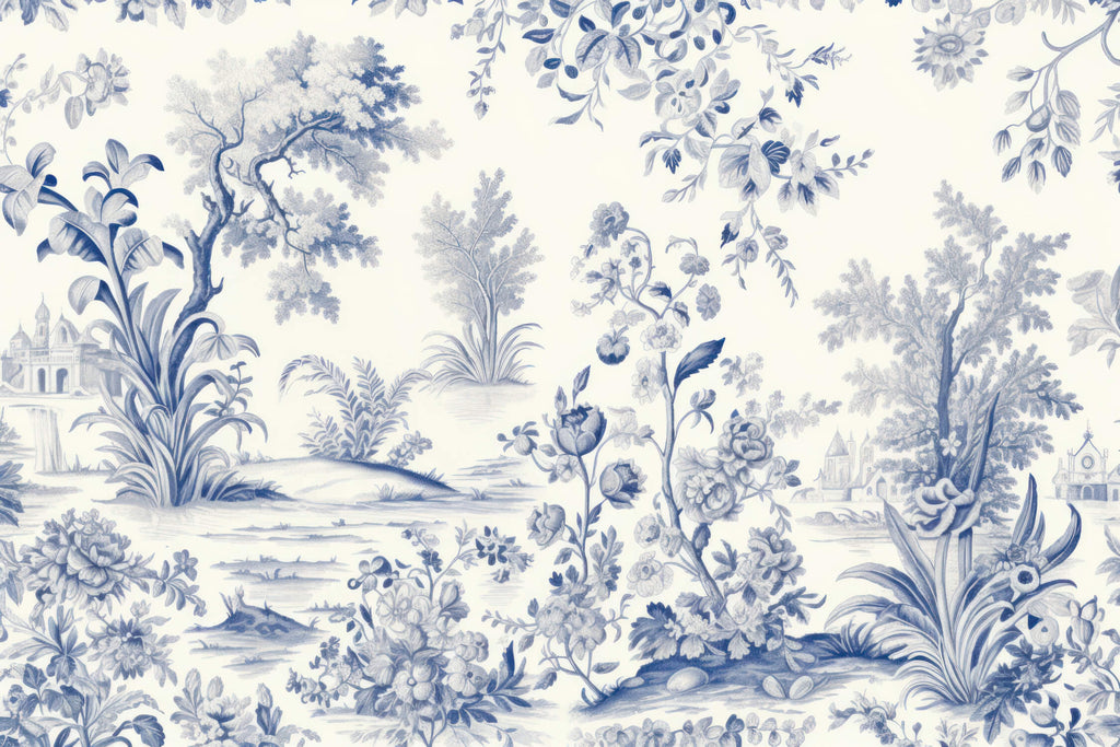Blue and white toile de jouy design file showing complete pattern and intricate details