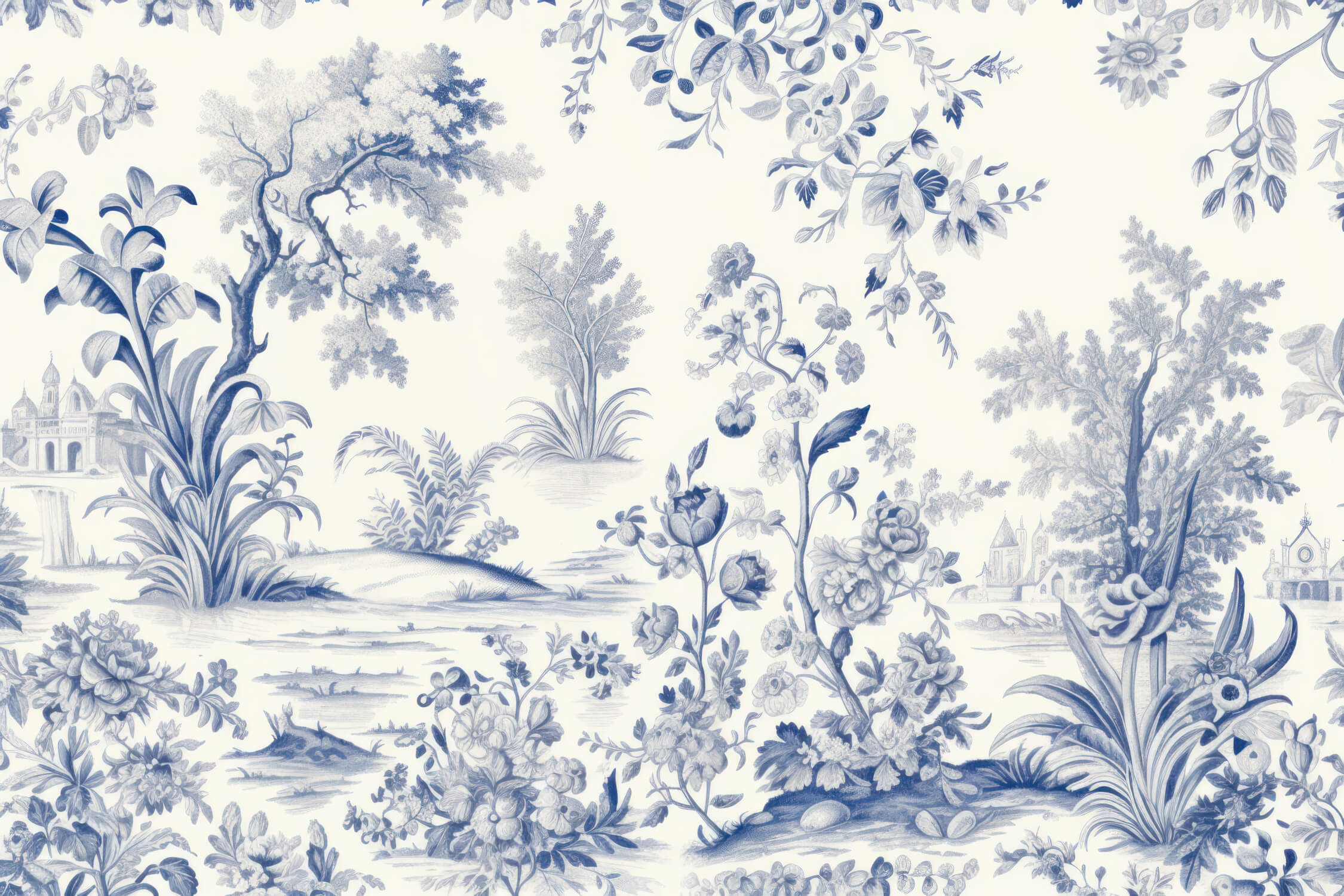 Blue and white toile de jouy design file showing complete pattern and intricate details