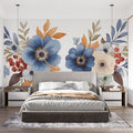 Blue Anemone floral wallpaper creating a stunning accent wall in a bright modern living room with white furniture