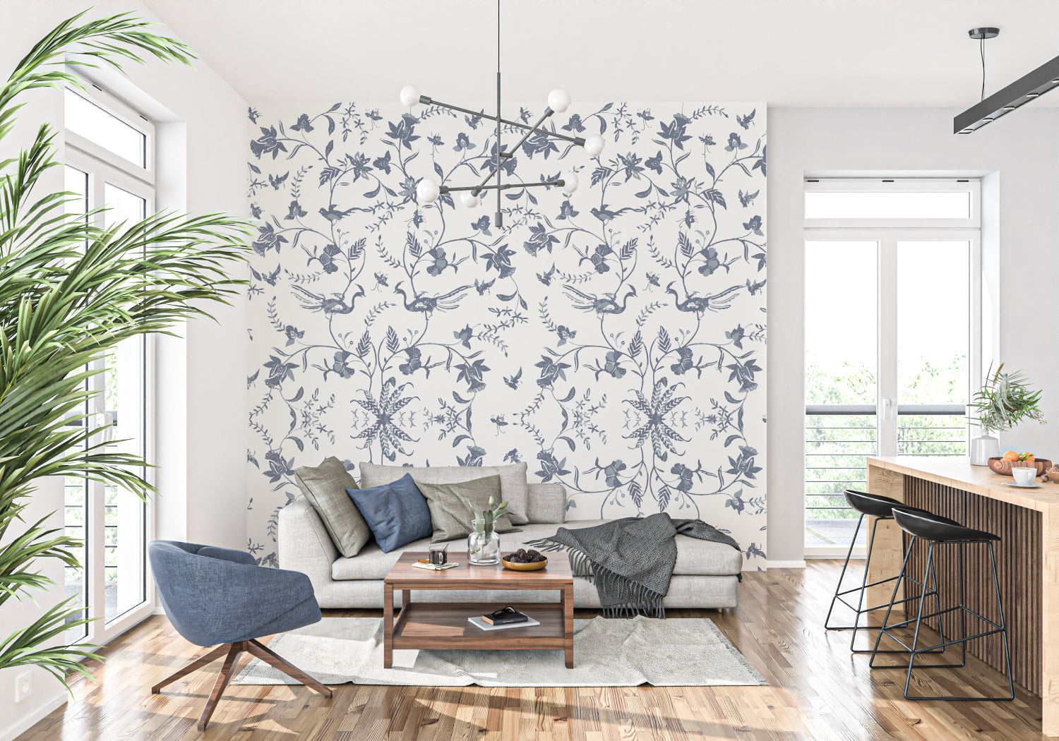 Blue and beige floral wall mural bringing charm to dining room setting