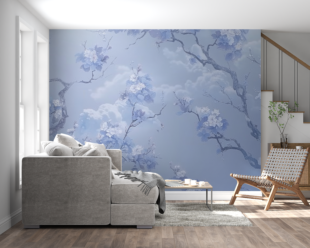 Cherry blossom wallpaper with gold accents brightening a home office space