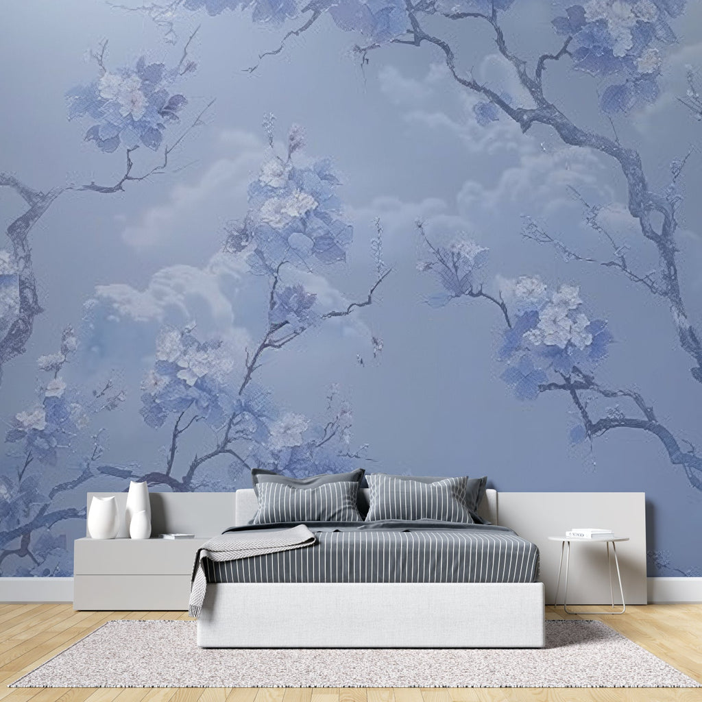 Japanese cherry blossom mural creating depth in an entrance hallway