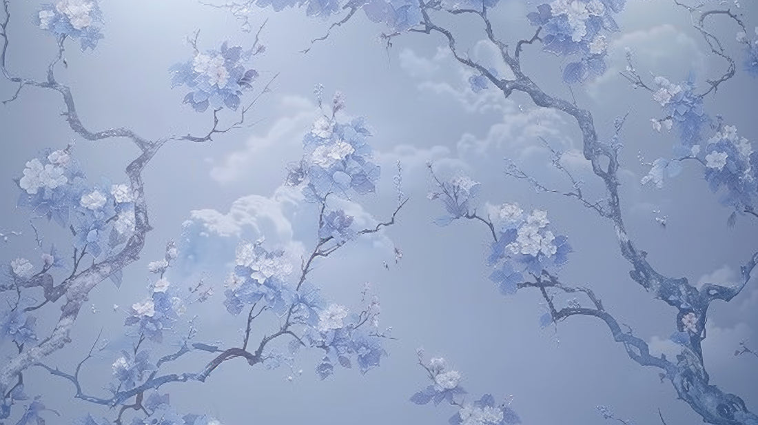 Design file showing detailed blue cherry blossoms and golden wave pattern
