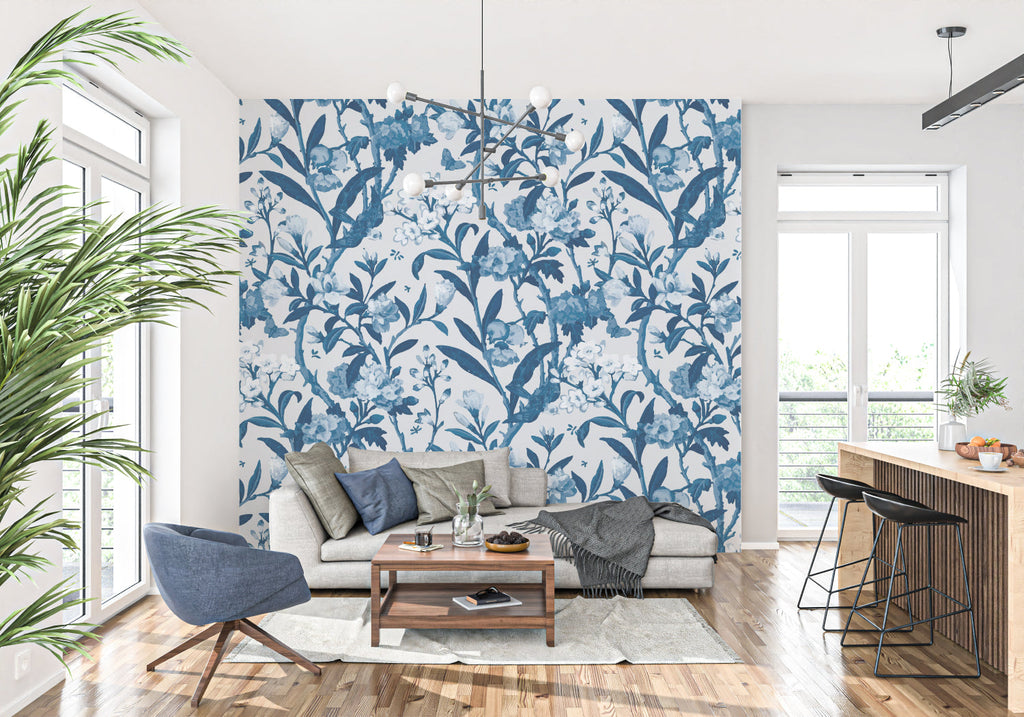 Reading nook with indigo floral pattern, creating a cozy corner for relaxation