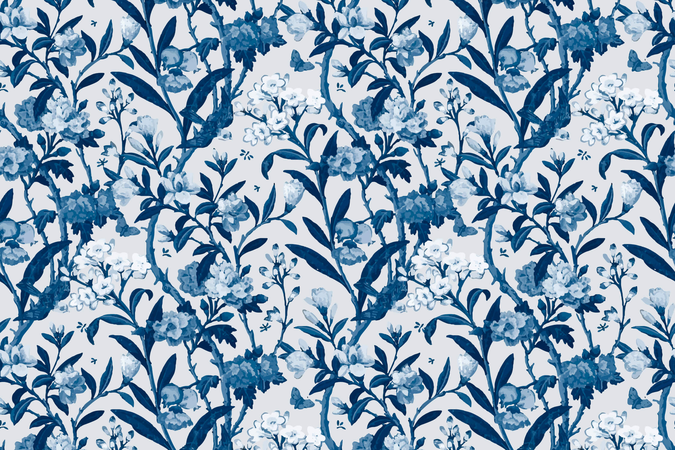Blue indigo botanical pattern design file showing intricate floral details and watercolor effects