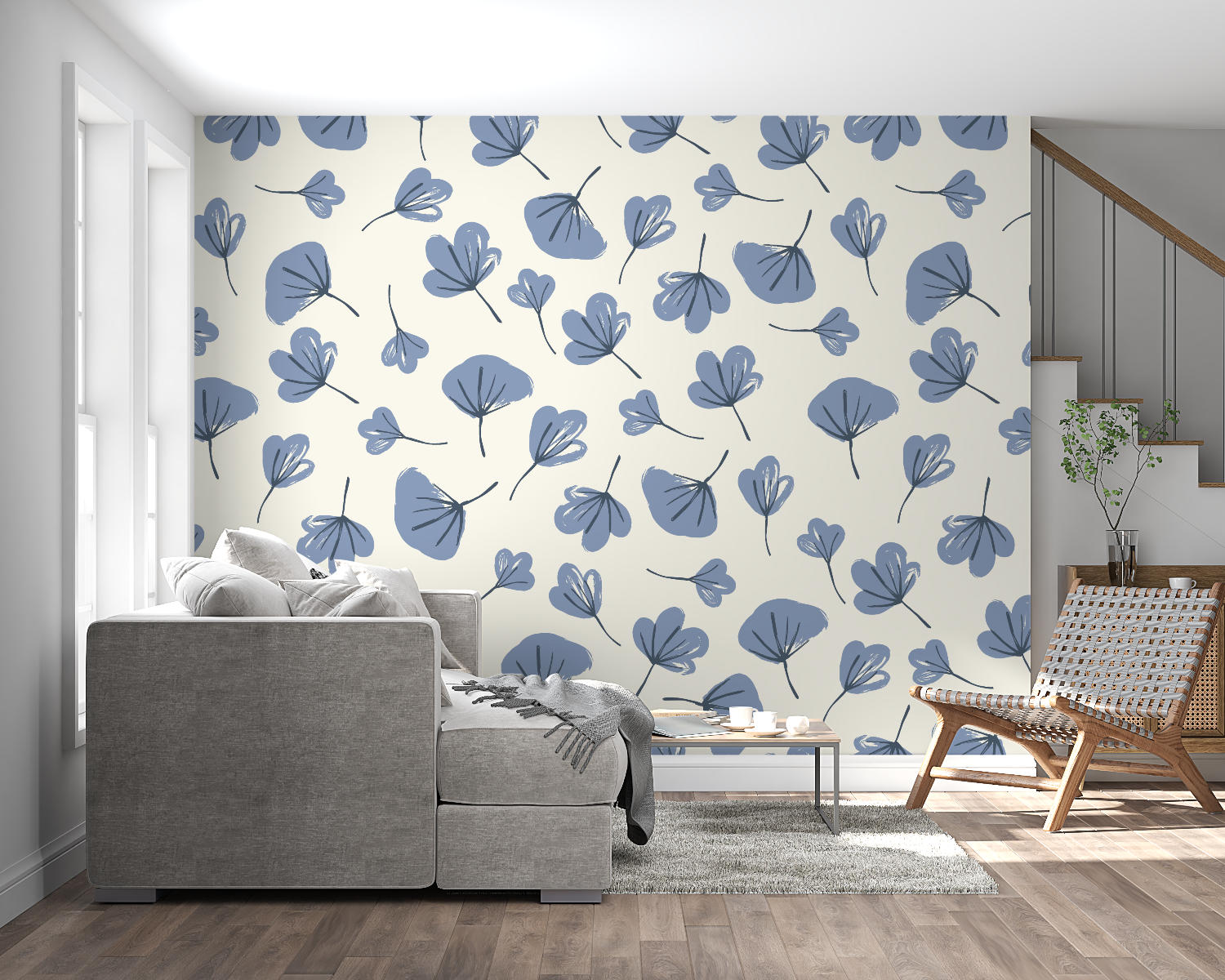 Blue and beige leaf pattern mural in an entrance hallway
