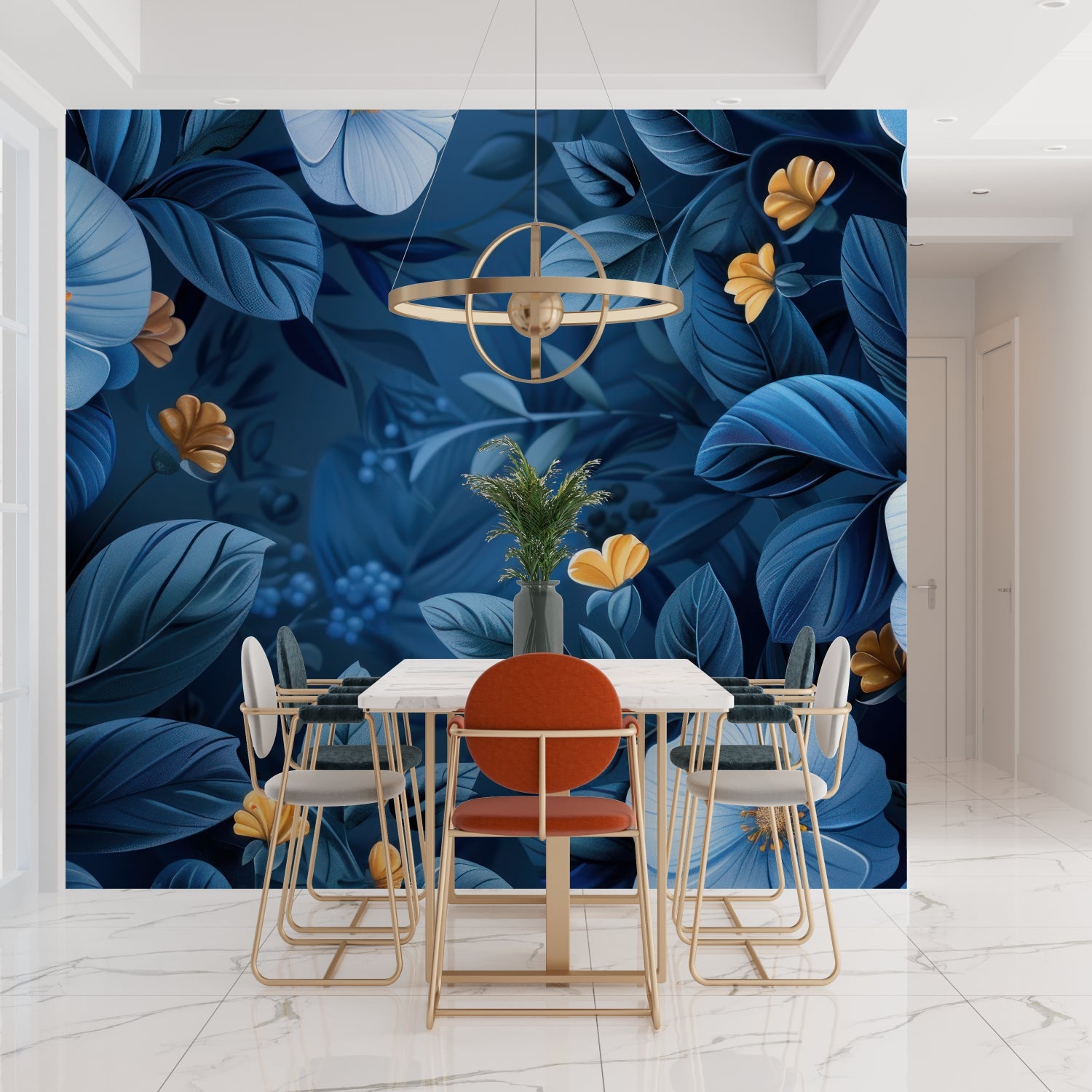 Gold accented floral wallpaper in dining room with soft lighting
