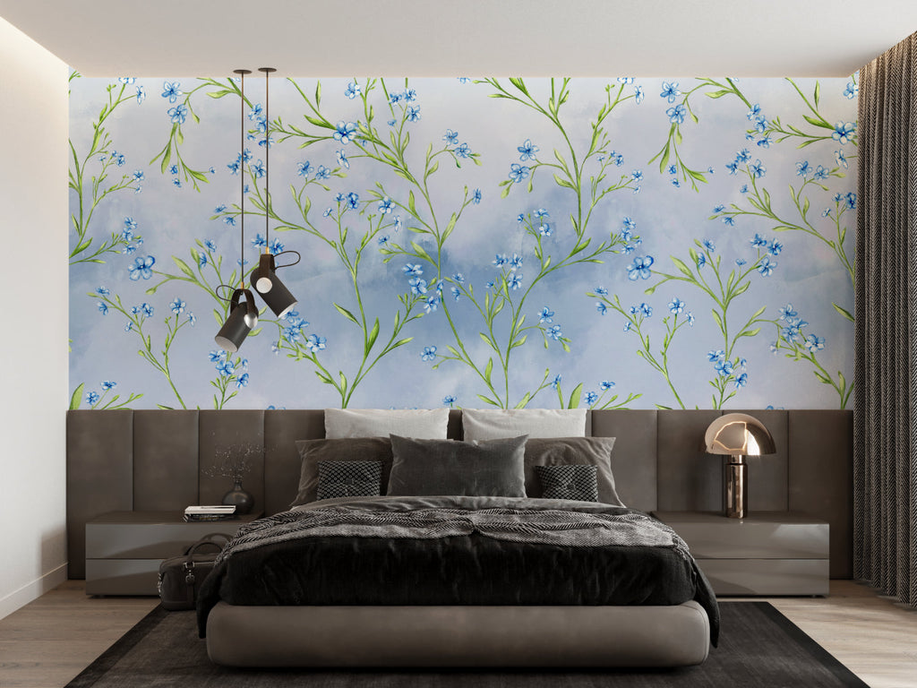 Botanical wall mural in home office showing delicate blue flower pattern