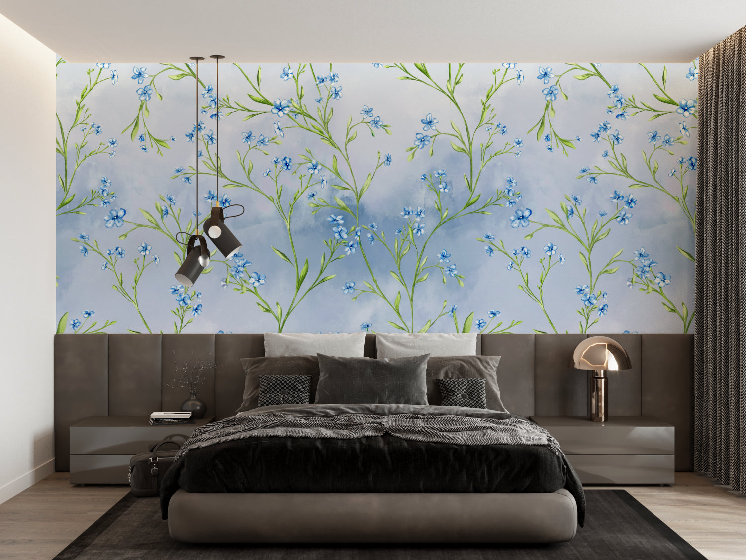 Botanical wall mural in home office showing delicate blue flower pattern
