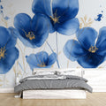 Blue Poppies Wallpaper Mural in bright modern living room, showing large-scale floral pattern with golden accents