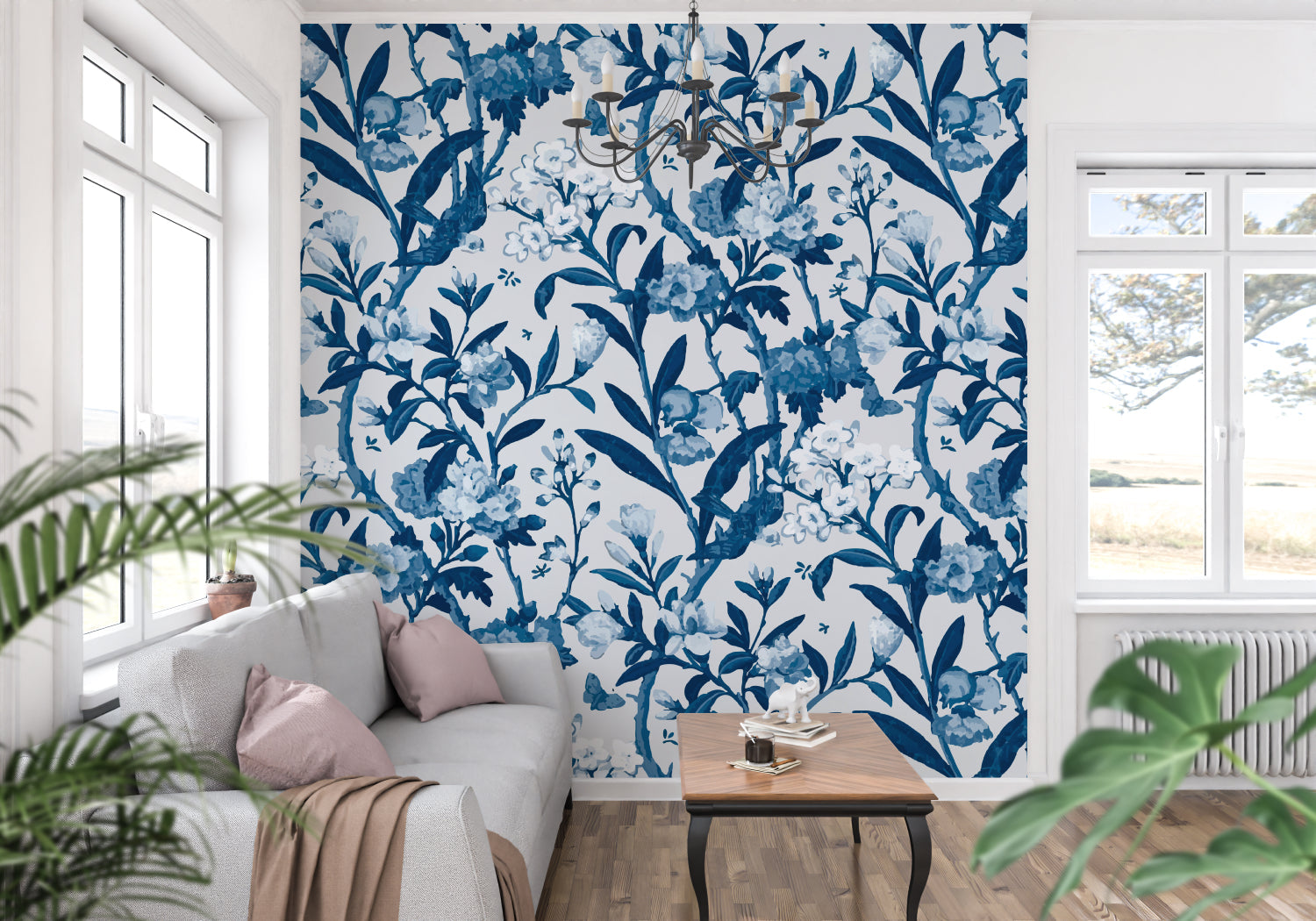 French country dining room with blue and white floral wallpaper creating classic charm