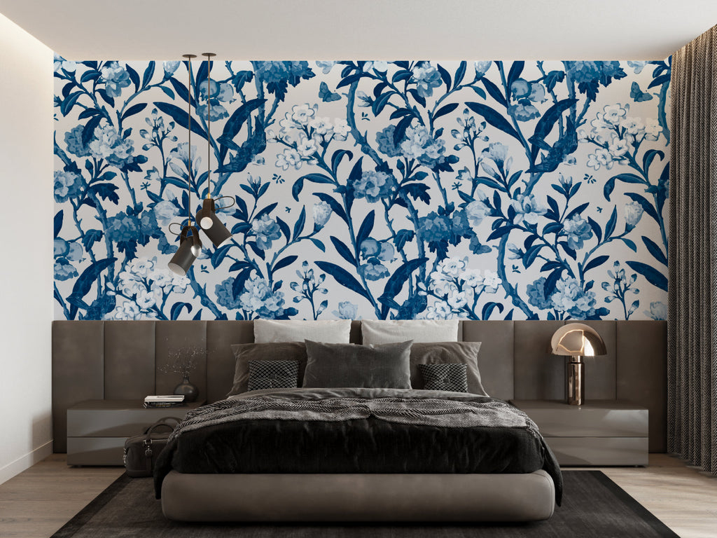 Master bedroom featuring blue Toile de Jouy wall mural in natural light