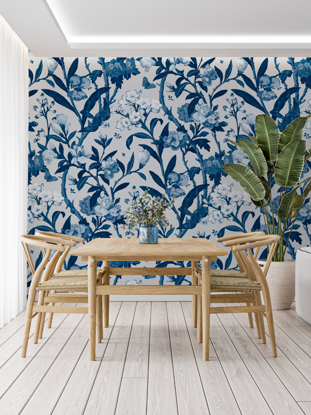 Powder room transformed with blue and white Toile de Jouy pattern mural