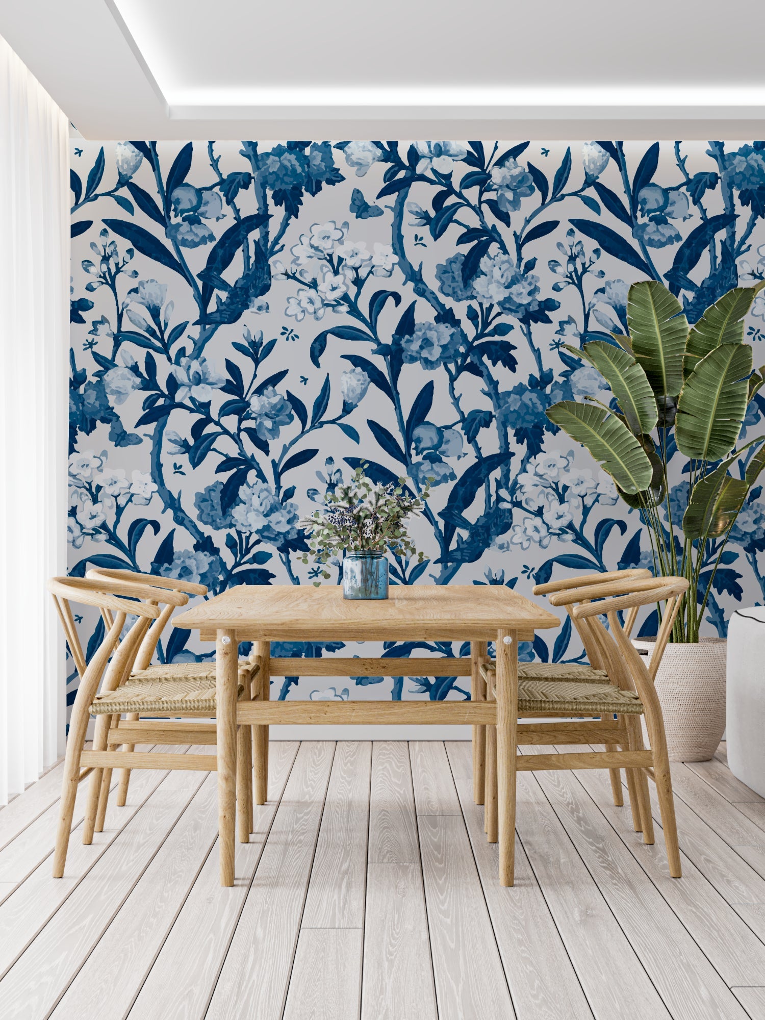 Powder room transformed with blue and white Toile de Jouy pattern mural