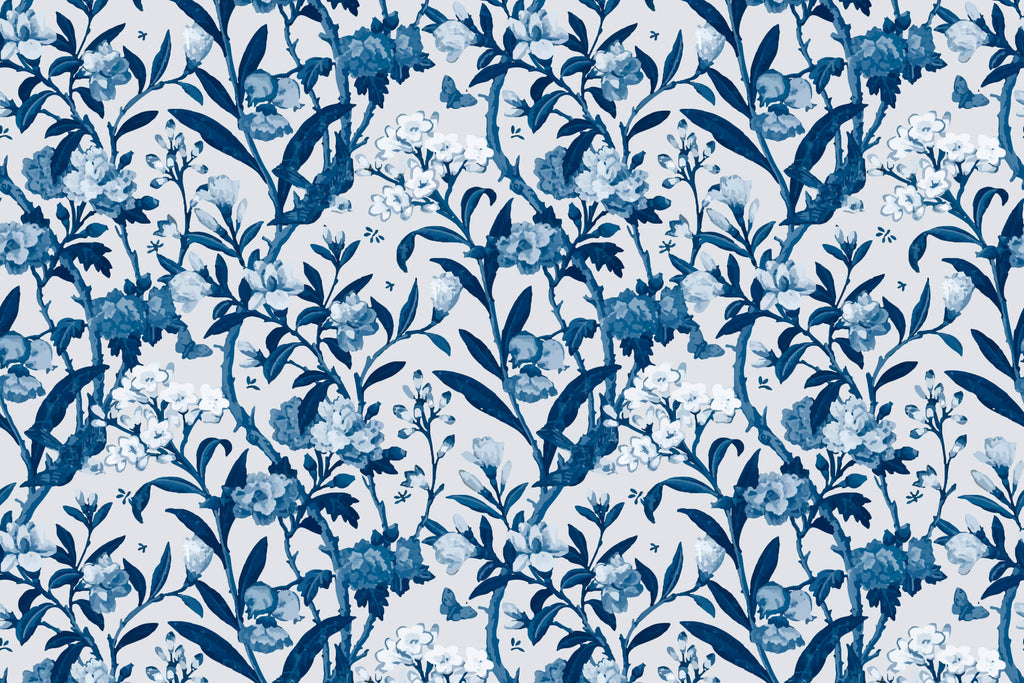 Blue Toile de Jouy floral pattern design file showing intricate botanical details