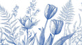 Blue tulip botanical wallpaper mural styled in bright modern living room with white furniture and natural light