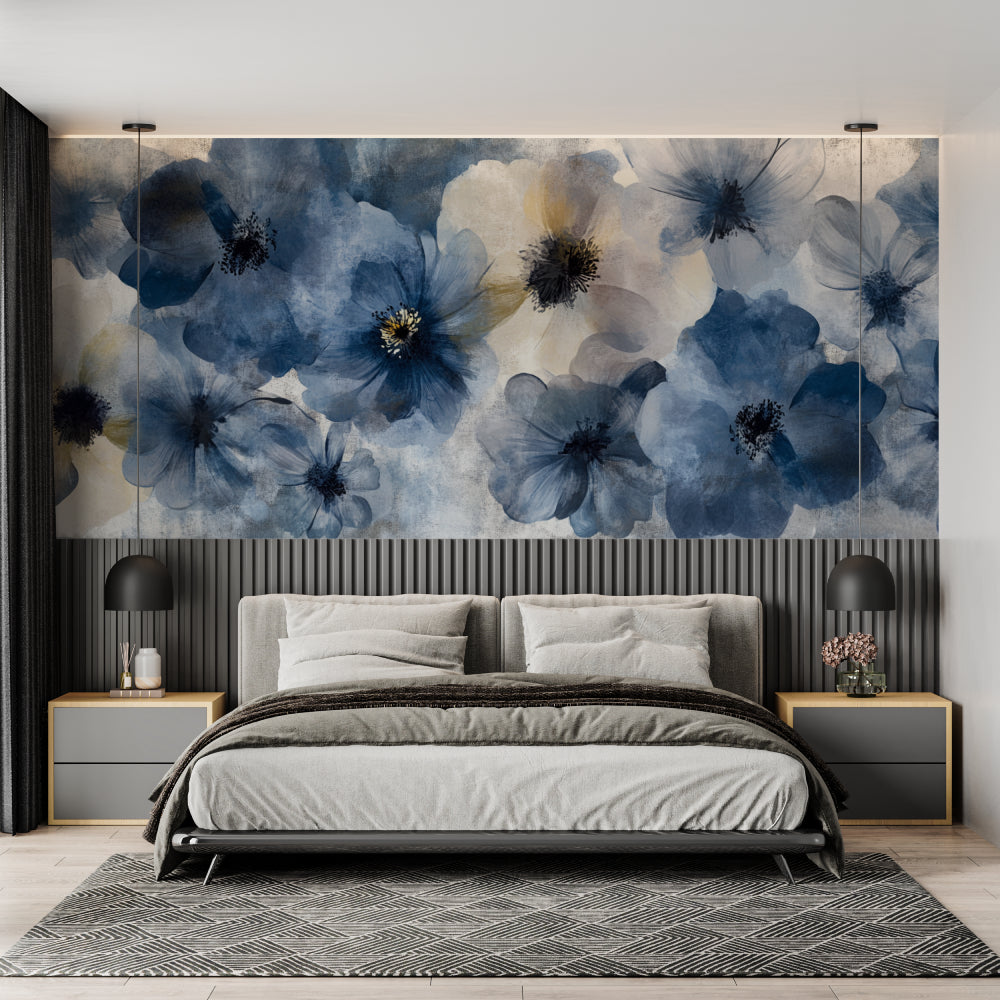 Dining room with watercolor floral wallpaper showing scale of blue blooms pattern