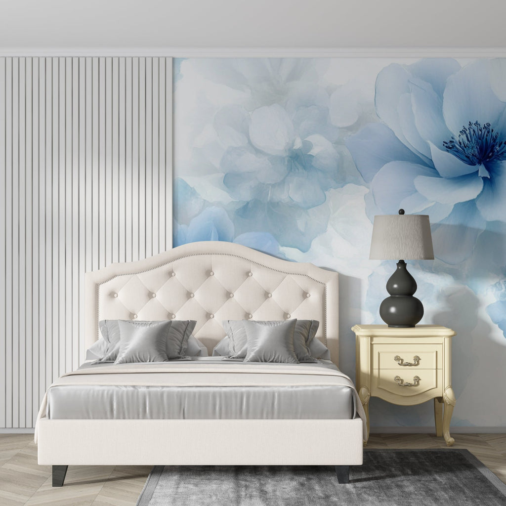 Powder room with Blue Watercolor Floral Mural making a bold statement