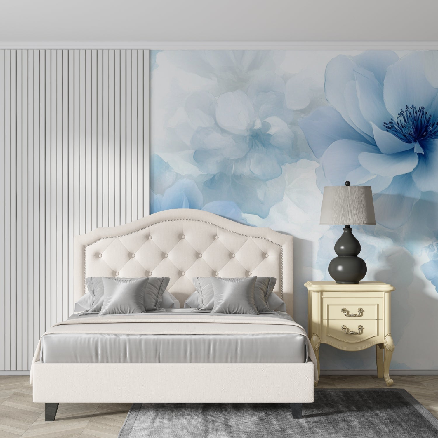 Powder room with Blue Watercolor Floral Mural making a bold statement