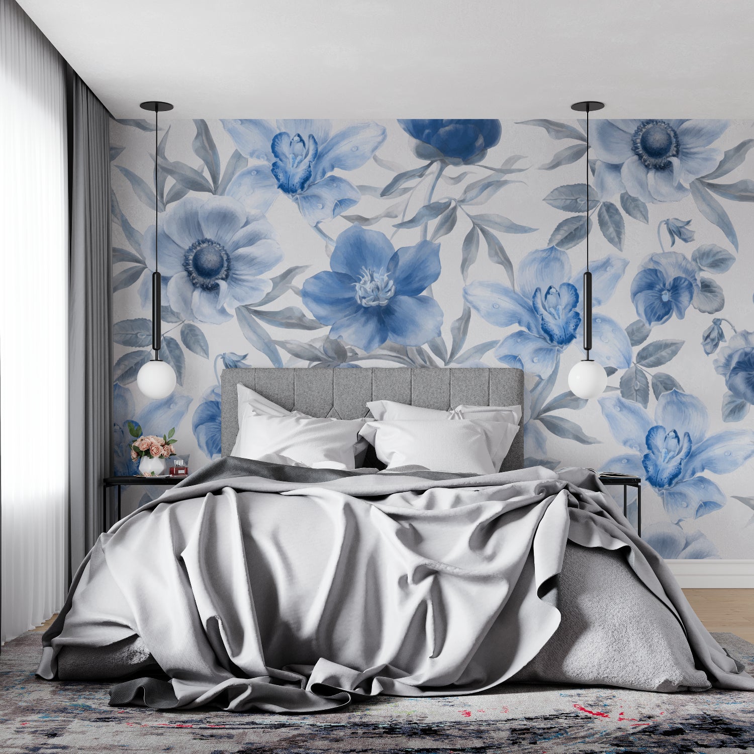 Blue watercolor floral wallpaper in a bright modern bedroom, creating a peaceful atmosphere