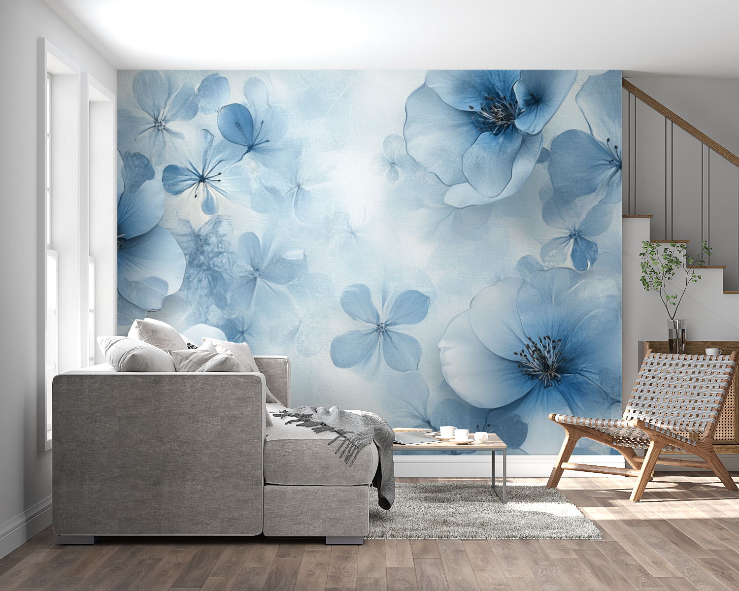 Elegant living room featuring blue floral wall mural with soft watercolor blooms