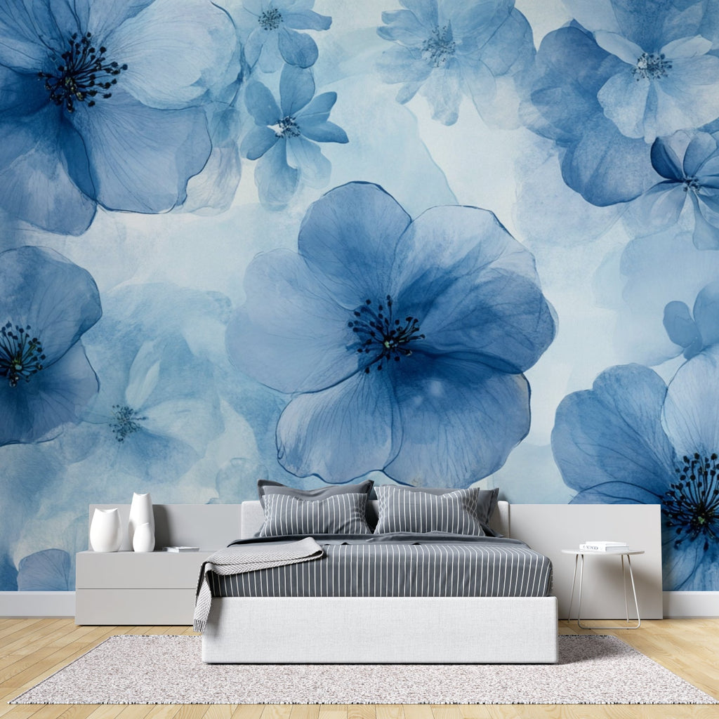 Dining room with elegant blue floral wallpaper creating depth and interest