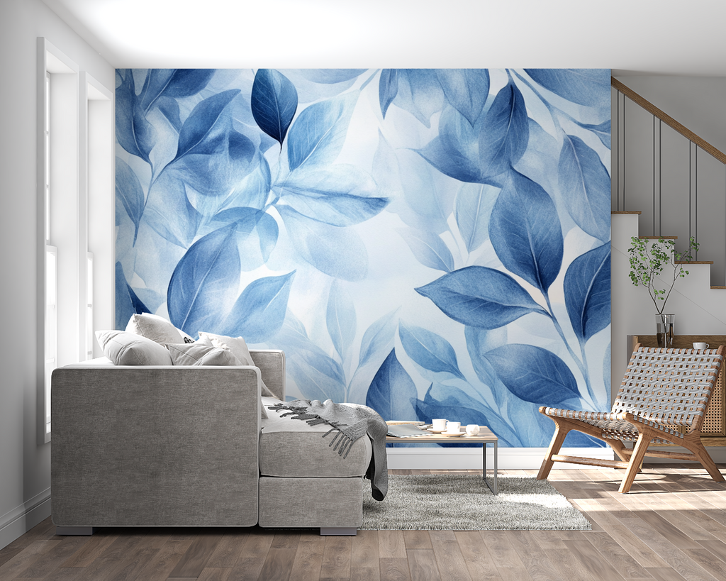 Watercolor blue leaf mural in a peaceful bedroom setting with minimal furniture
