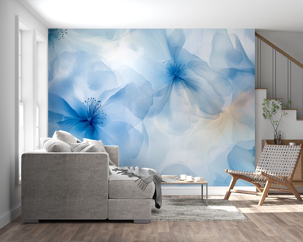 Blue watercolor petals mural creating a stunning feature wall in an entrance hallway