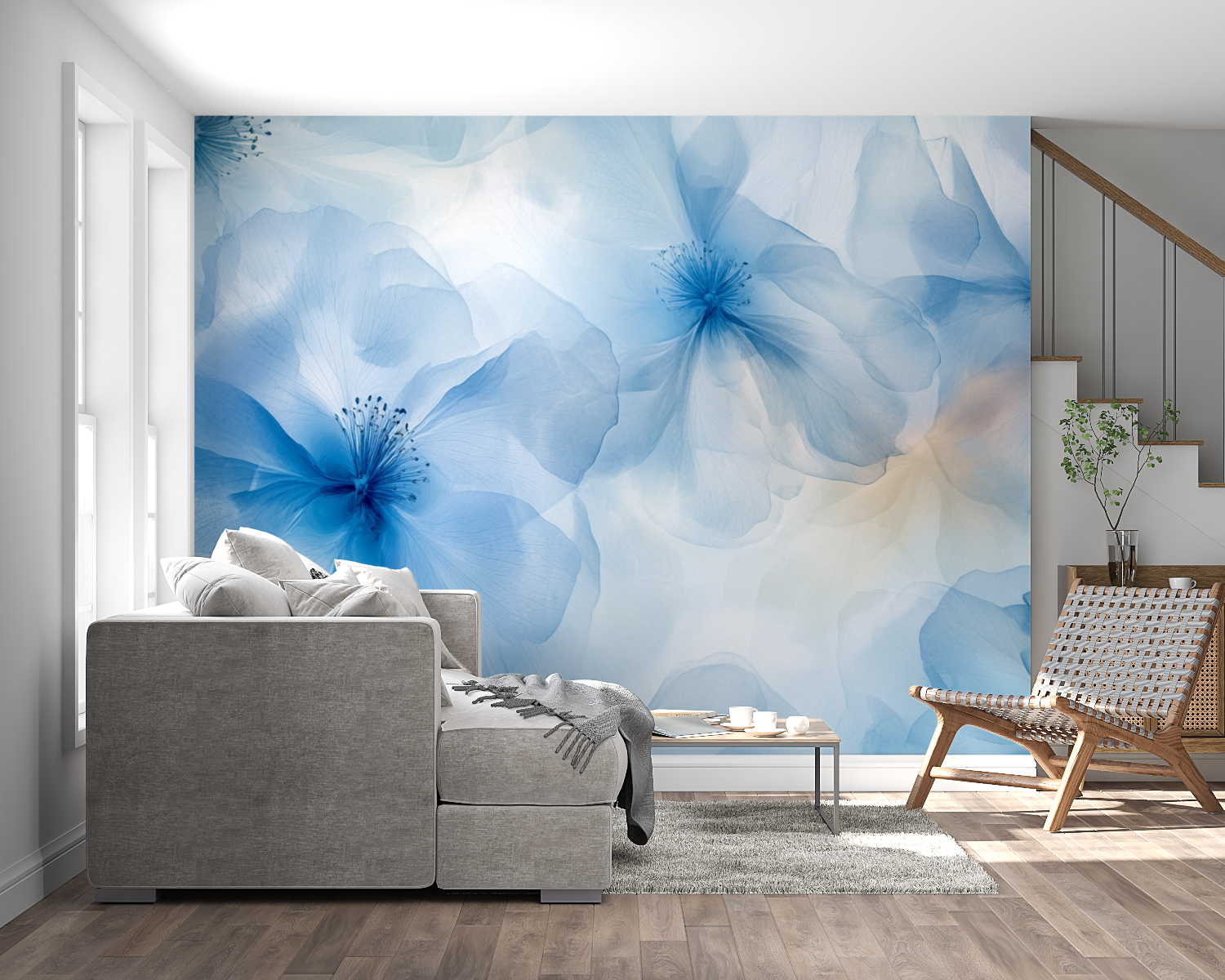 Blue watercolor petals mural creating a stunning feature wall in an entrance hallway