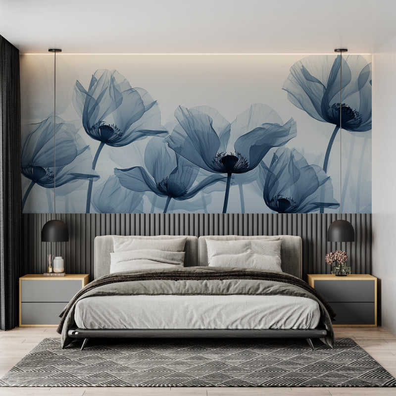 Reading nook with blue watercolor poppy wall design creating a cozy corner