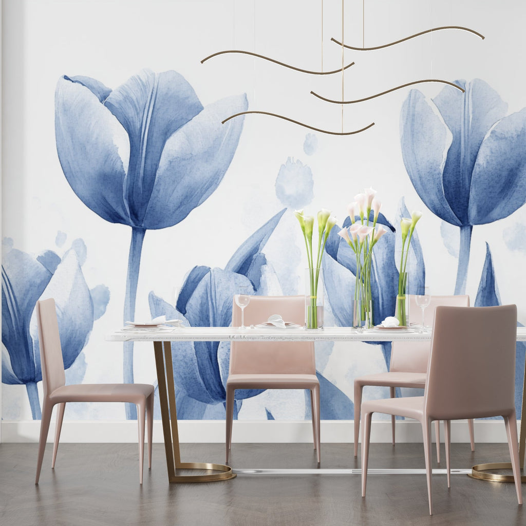 Reading nook with blue botanical wallpaper creating serene atmosphere