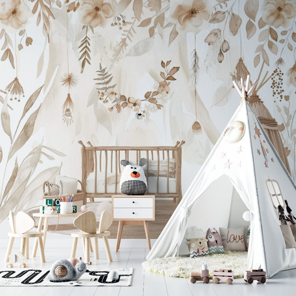 Bohemian beige floral mural making a statement in a bright home office space
