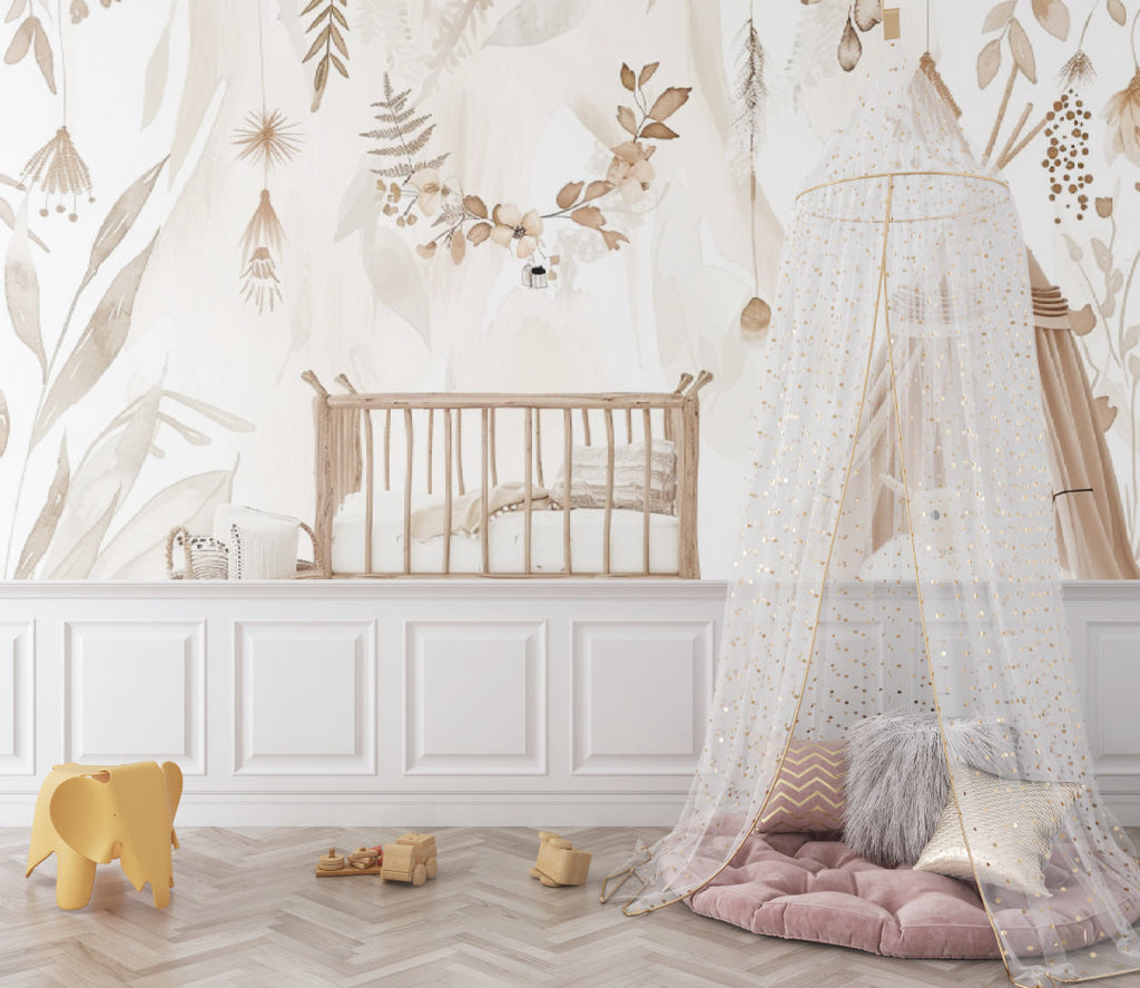 Botanical wall mural adding soft texture to a peaceful bedroom sanctuary