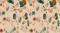 Botanical wallpaper with terracotta flowers in modern living room setting showing scale and natural light interaction