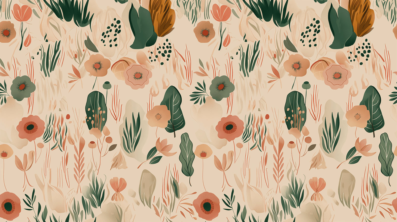 Botanical wallpaper with terracotta flowers in modern living room setting showing scale and natural light interaction