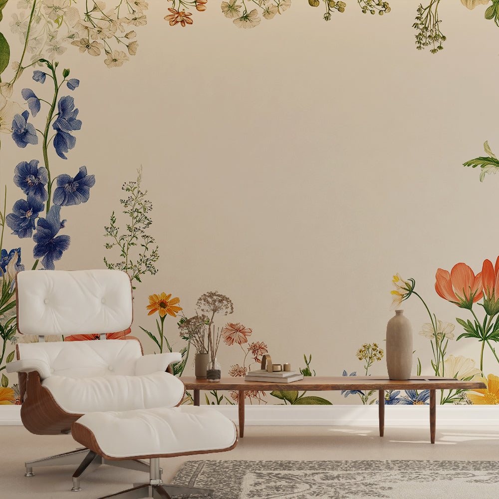 Blue Delphinium floral wallpaper in bright modern living room with white furniture and natural light