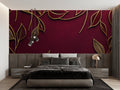 Burgundy and gold floral wallpaper in modern living room setting, creating warm ambiance