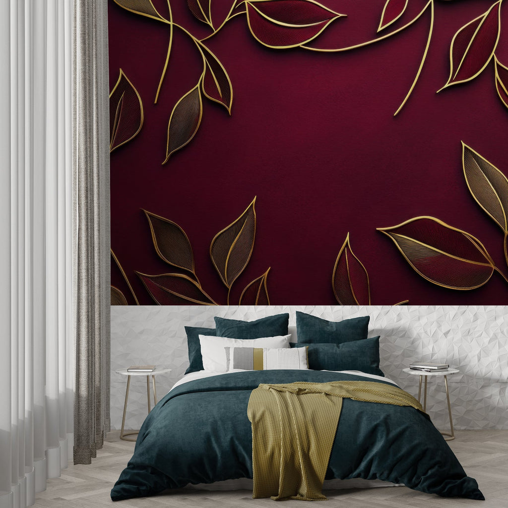 Elegant dining room showcasing burgundy and gold leaf wallpaper with crystal chandelier
