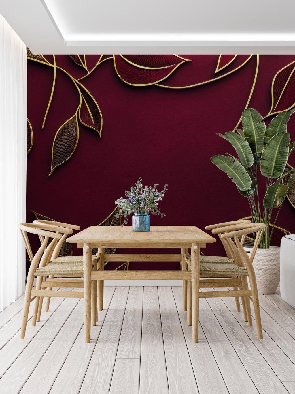 Home office featuring rich burgundy and gold leaf wallpaper with modern furniture