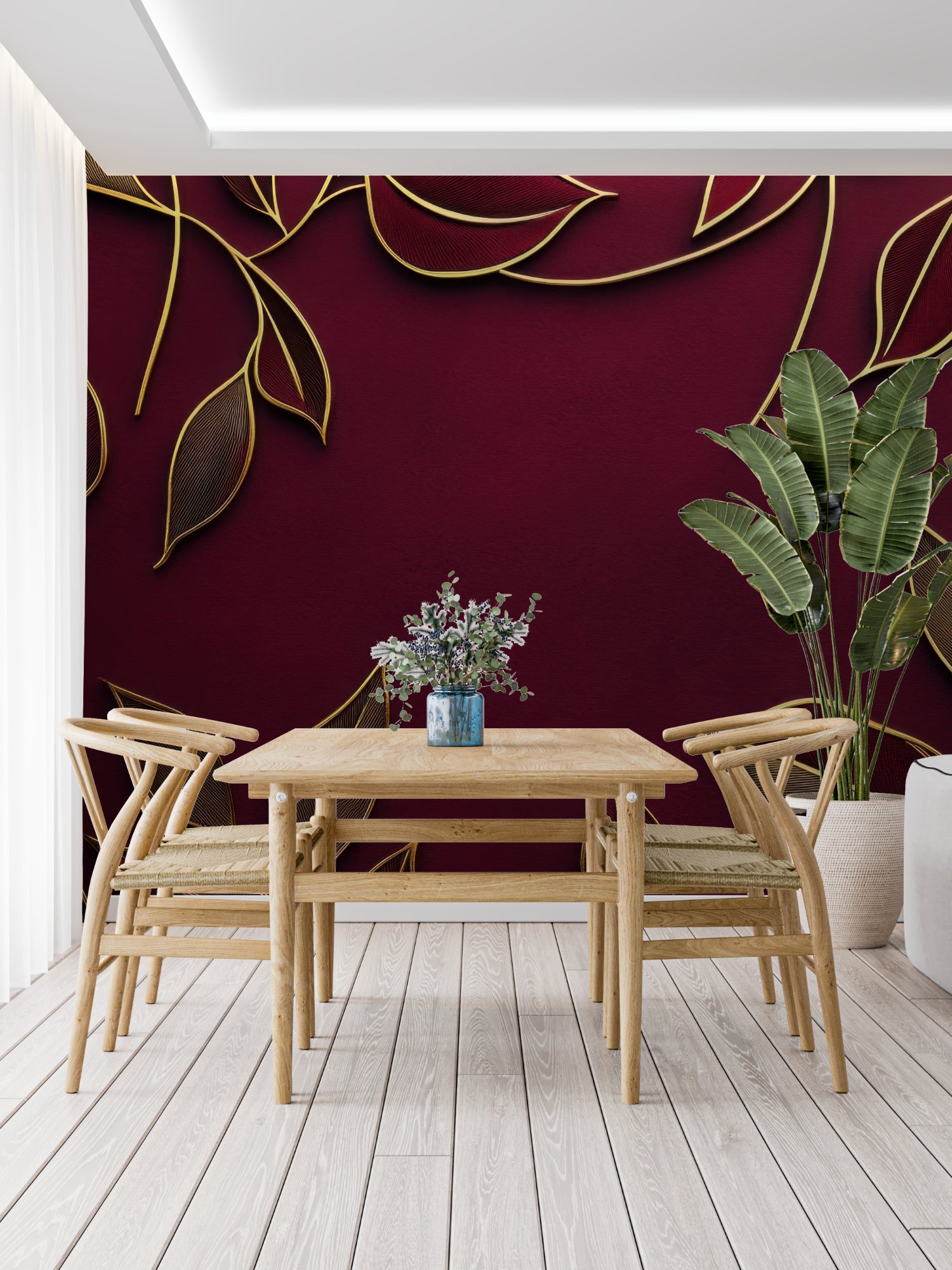 Home office featuring rich burgundy and gold leaf wallpaper with modern furniture